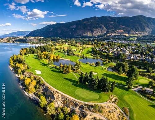Scenic Lakeside Golf Course Surrounded by Mountain Valley and Residential Town