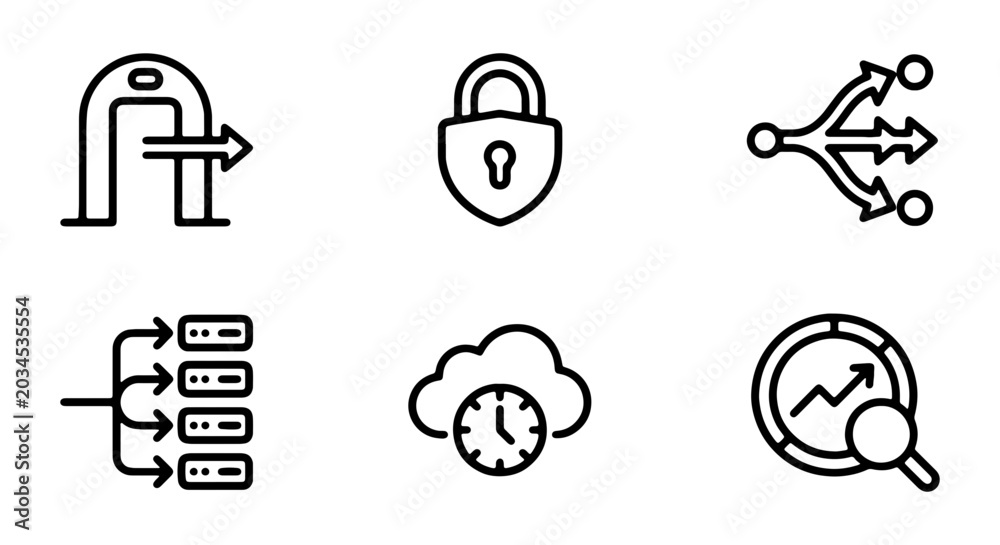 Fototapeta premium Set of thin line icons for cloud computing, data security, network infrastructure, and analytics