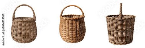 Tableau sur toile Set of Three Woven Wicker Baskets Isolated on White Background, Rustic Handcraft