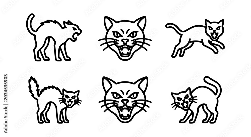 Naklejka premium Set of angry cat icons, aggressive feline silhouettes with arched backs and hissing expressions