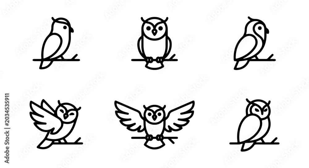 Fototapeta premium Set of owl icons, line art style, various poses of owls sitting on branches and flying