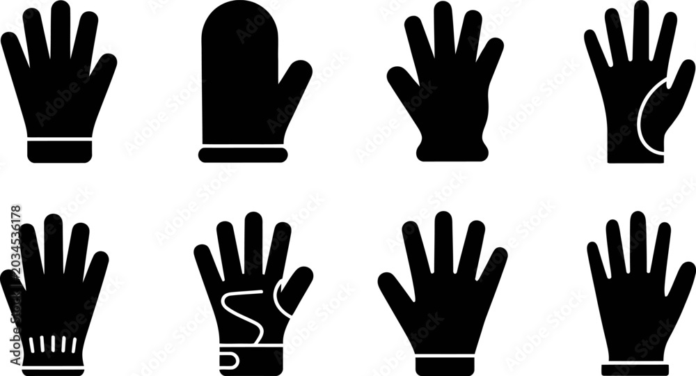 Fototapeta premium Collection of black glove silhouettes on transparent background, including various types such as work gloves and mittens.