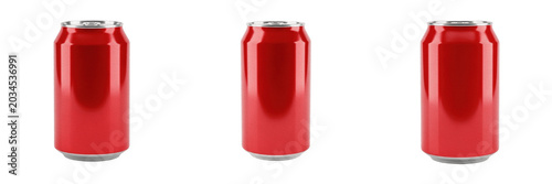 Set of Three Blank Red Aluminum Soda Cans Isolated on White Background, Empty Metal Beverage Container Mockup, Customizable Packaging for Soft Drinks, Juice, or Energy Drinks, High-Resolution Industri