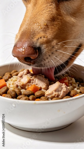 Dog eating healthy food from bowl.