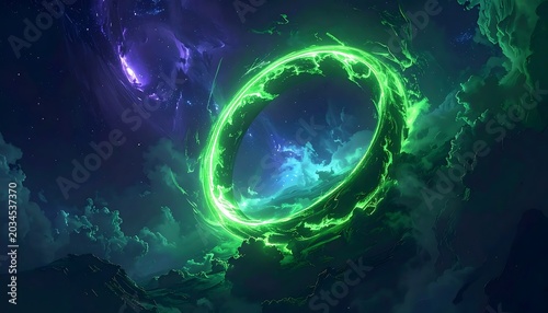 Glowing Green Energy Ring Floating in Dramatic Cosmic Cloudscape