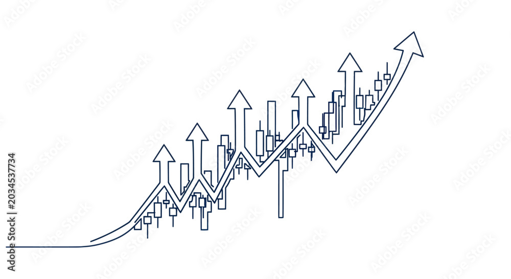 Obraz premium Financial Market Growth Chart with Upward Arrows and Candlestick Patterns