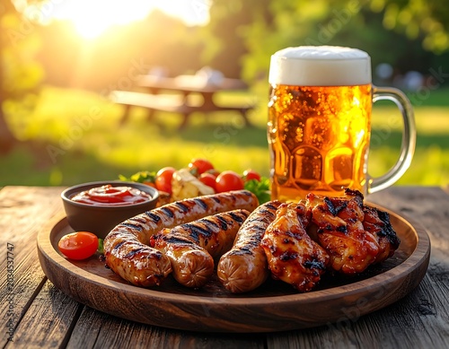 Golden Beer and Grilled Sausage Platter on Rustic Wooden Table in Sunny Garden