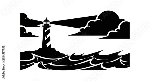 Foto Lighthouse guiding ships through stormy seas and cloudy skies