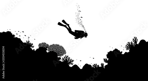 Εκτύπωση καμβά Silhouette of a diver descending into the ocean depths above a coral reef