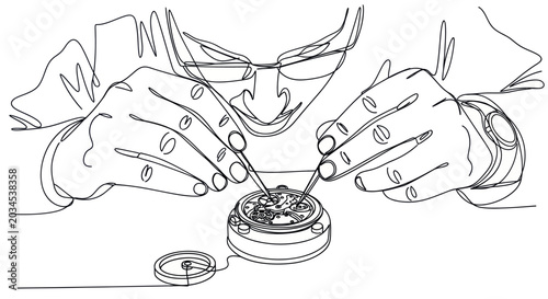 Photos Watchmaker's Hands Repairing Clockwork Mechanism with Tweezers, Continuous Line