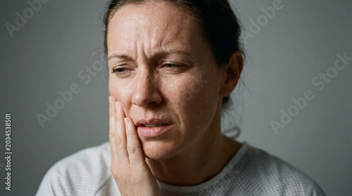 A woman clutches her jaw in visible pain, her expression contorted with distress and discomfort, evoking sympathy and concern.