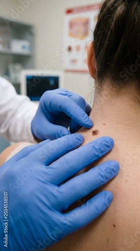 A dermatologist in blue gloves examines a patient's skin for moles and other irregularities, highlighting the importance of regular skin check-ups and early detection of potential issues.