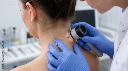 A dermatologist examines a mole on a patient's neck, using a dermatoscope to inspect skin health and detect potential abnormalities.