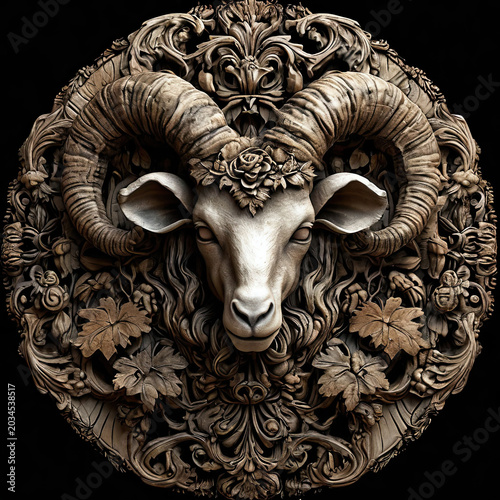 A round rosette is a shield, the size of a ram's head. Gothic architectural decoration. Baroque art. AI generated content.