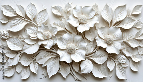 Bas-relief, white flowers on a white background. Floral decorative panel.
