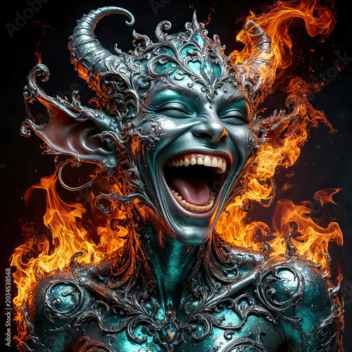 Portrait of a cheerful demon on fire. A green-pearl laughing monster. An image for computer games.