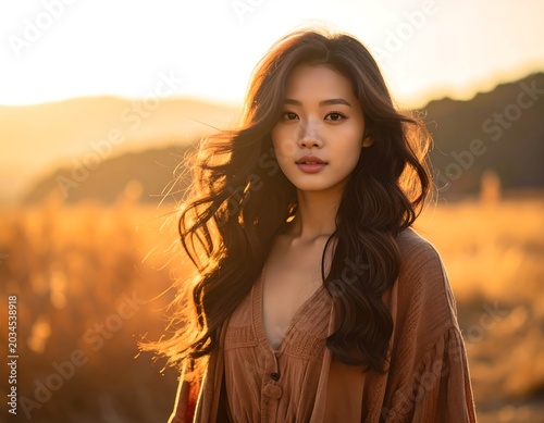 Young Woman with Flowing Hair Standing in Golden Field at Sunset