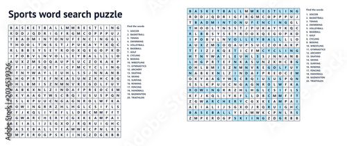 Sports themed crossword puzzle with vocabulary clues and answer key, printable athletic activity worksheet for kids and adults on transparent background