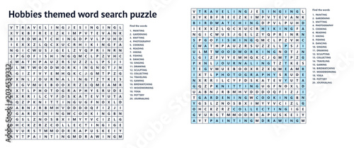 Obraz na płótnie Hobbies themed word search puzzle with 20 leisure vocabulary words, printable fi