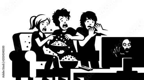 Tableau sur toile Scared people watching horror movie on TV, throwing popcorn