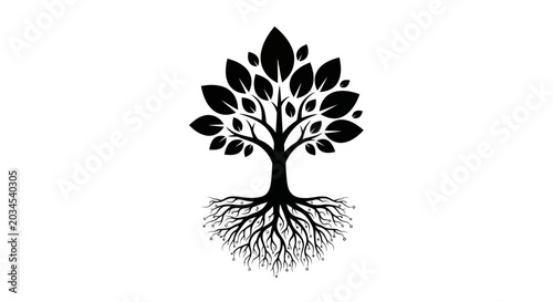Картината върху платно Stylized Black Tree with Visible Roots and Leaves