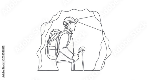 Schilderij op canvas Speleologist exploring a dark cave with headlamp and backpack.