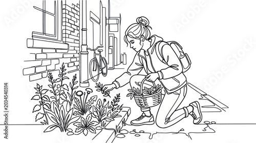 Photos Woman foraging wild plants in an urban garden, sustainable lifestyle, healthy ea