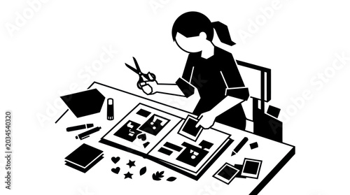 Quadro em tela Woman creating a scrapbook, cutting photos and decorating with stickers