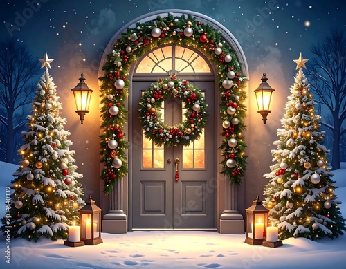 Festive Snow Covered Front Door Decorated with Christmas Wreath in Winter Night Setting