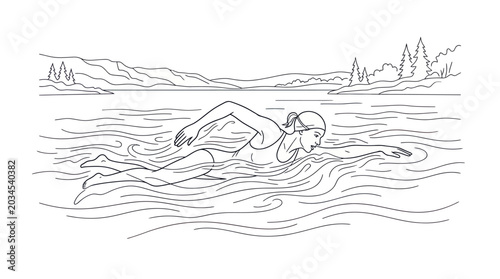 Photos Woman swimming freestyle in a lake, outline illustration