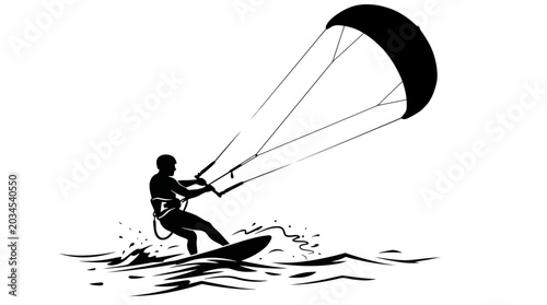 Photography Kiteboarding Silhouette: Action Shot of a Surfer Riding Waves with a Large Kite