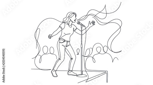 Foto Singer Performing on Stage with Microphone and Audience Line Art
