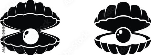 Black silhouette of oyster shell with pearl minimalist vector illustration