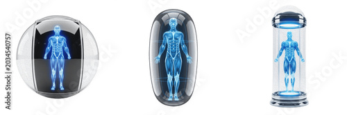 Tableau sur toile Set of Futuristic Human Body Capsules, Sci-Fi Cryogenic Stasis Pods with Hologra