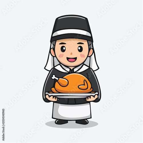 Cartoon Pilgrim Holding Roasted Turkey