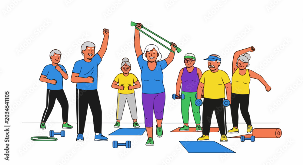 Obraz premium Active senior adults exercising together in a fitness class with weights and resistance bands