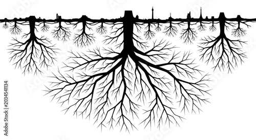 Foto City skyline silhouette with deep tree roots below ground, urban concept