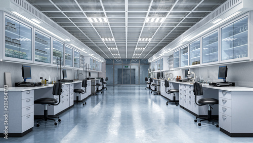 Modern scientific laboratory interior with advanced equipment, computers and research workstations, medical and pharmaceutical lab environment. 3D illustration