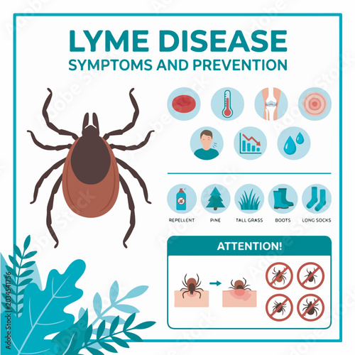 Informative vector graphic illustration displaying lyme disease symptoms and medical prevention methods with clear icons and tick anatomy details shown