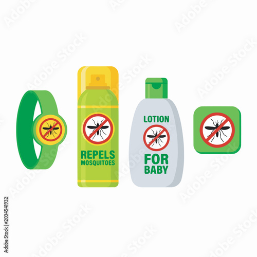 Bright green vector graphic illustration set of insect repellent products featuring spray bottles and protective wristbands for summer outdoor use