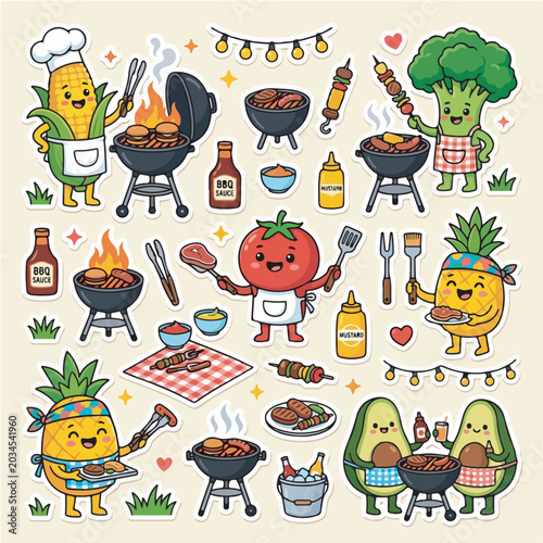 Cute cartoon vegetable and fruit characters having a fun outdoor barbecue party with grills and tasty food vector illustration design