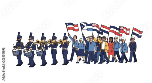 Fotografie Diverse Crowd Marches with Brass Band and National Flags