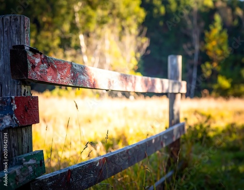 Weathered Painted Wooden Fence Standing in Sunlit Meadow Near Forest