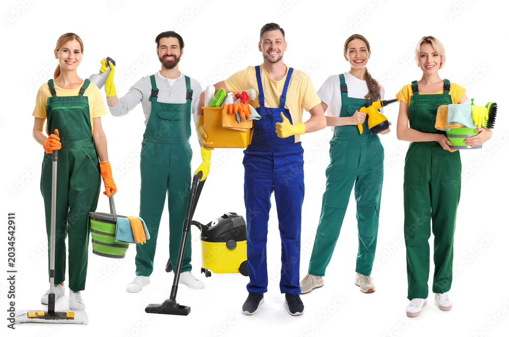 Obraz premium Group of cleaning service workers on white background