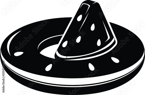 Black and white illustration of a slice of watermelon on a plate