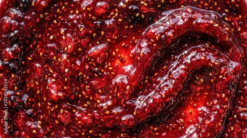 Close up of red raspberry jam with seeds macro detail. Fruit spread texture background for food packaging or recipe design.