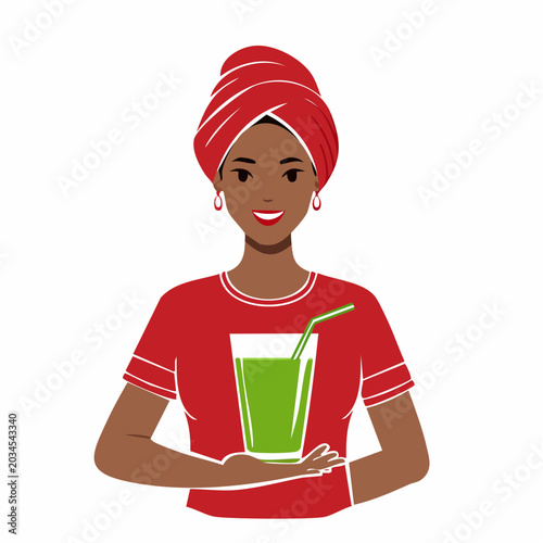 Woman in Red Turban Holding Green Juice