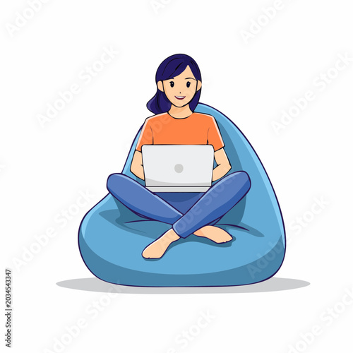 Woman Working on Laptop While Sitting on Bean Bag Chair