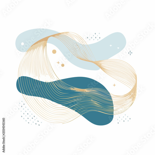 Abstract flowing lines and shapes in teal and gold
