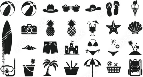 Summer vacation icons set beach tropical fruits and leisure activities